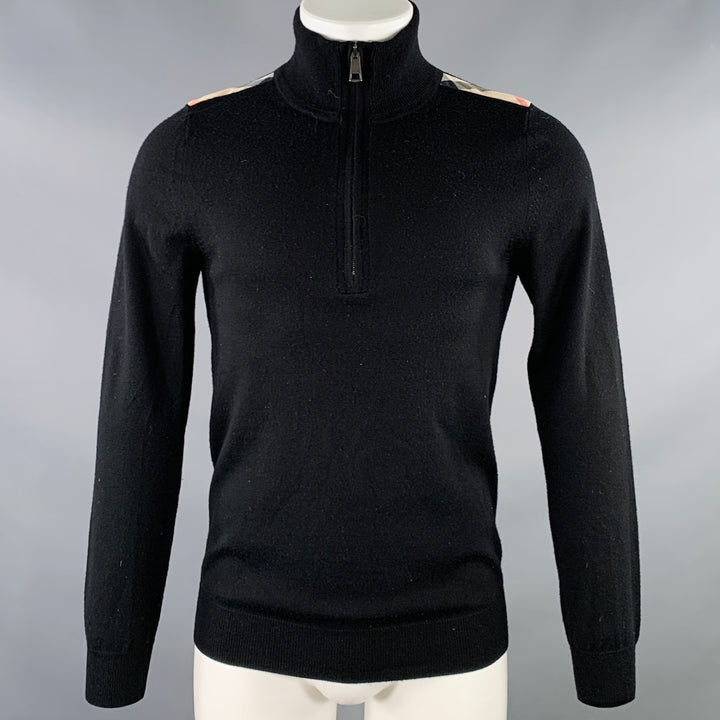 BURBERRY BRIT Size S Black Multi Color Check Contrast Trim Merino Wool 1/4 Zip Pullover