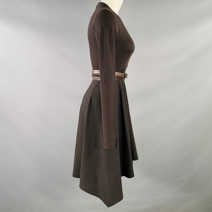 DONNA KARAN Size 6 Brown Wool Jersey Belted Long Sleeve Asymmetrical Dress