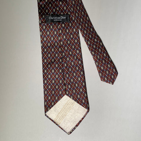 CHRISTIAN DIOR Burgundy Navy Cream Geometric Silk Tie