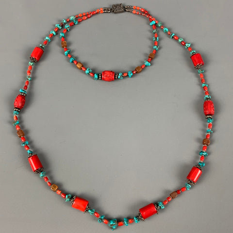 VINTAGE Coral Turquoise Sterling Silver Double Necklace