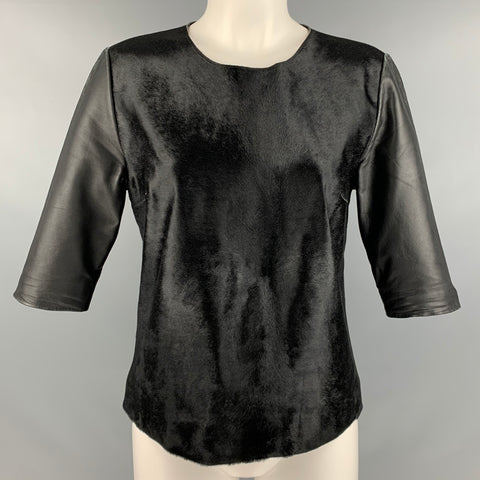 IRIS and INK Talla 6 Top casual de cuero negro con pelo de becerro y mangas 3/4