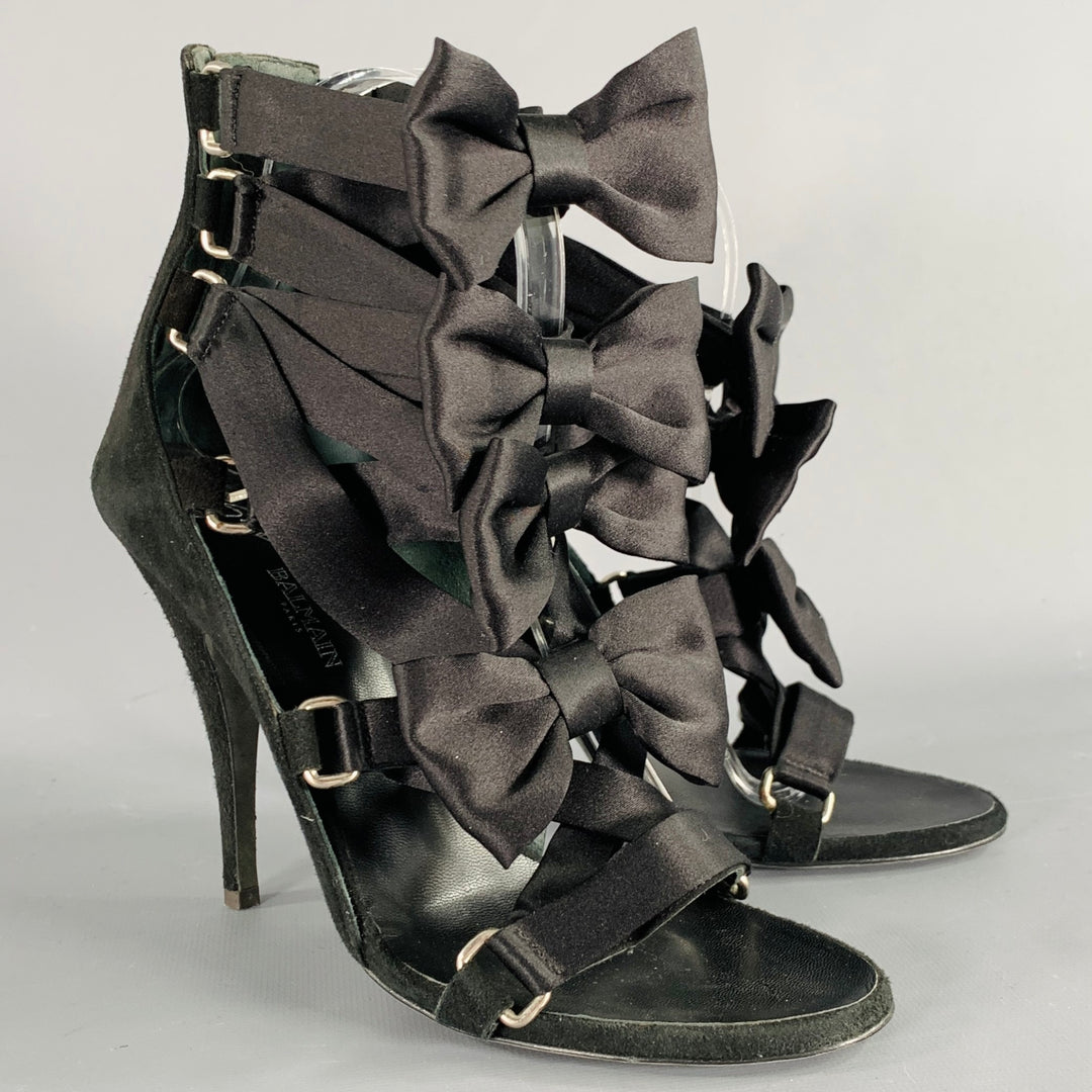 BALMAIN Size 8 Black Suede Bow Strappy Bow Sandals