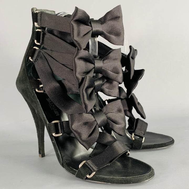 BALMAIN Size 8 Black Suede Bow Strappy Bow Sandals