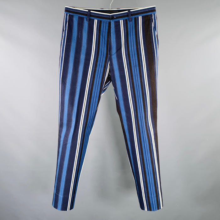 ETRO Size 32 Blue Black White Stripe Cotton Blend Flat Front Casual Pants