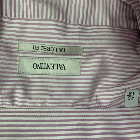 VALENTINO Size XL White Lilac Stripe Cotton Curved Cutaway Long Sleeve Shirt
