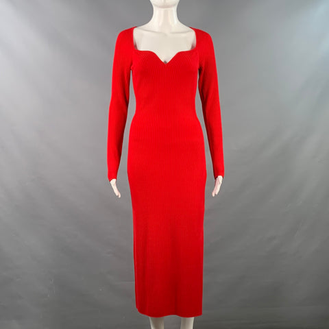 FROM FUTURE Size S Red Merino Wool Rib Knit Sweetheart Long Sleeve Midi Dress