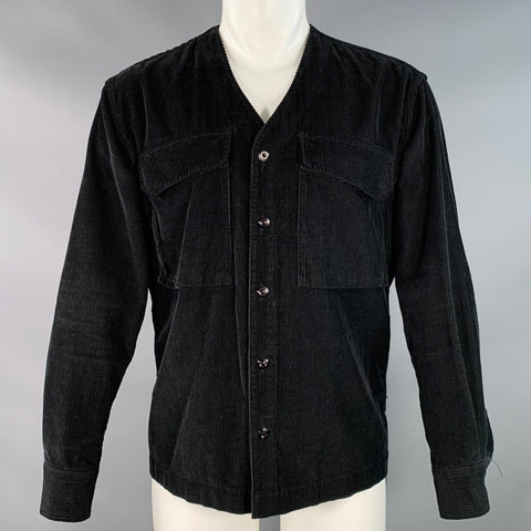 EASTLOGUE Size M Black Corduroy Cotton Collarless V-Neck Jacket