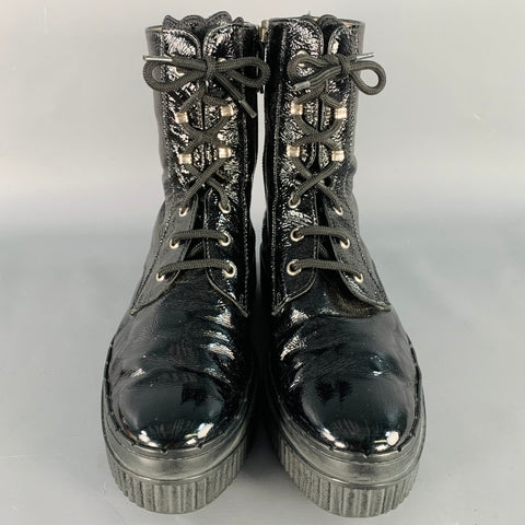 TOD'S Size 8.5 Black Patent Leather Lace-Up Side Zipper Boots