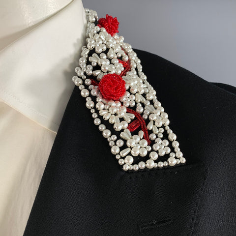 SIMONE ROCHA Chest Size L Black Red & White Beaded Wool Blend Sport Coat