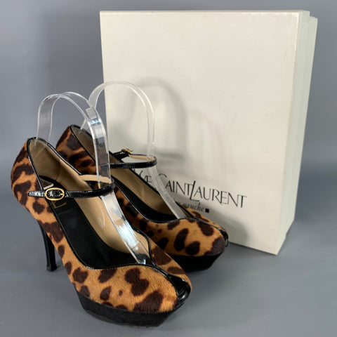YVES SAINT LAURENT Size 6 Tribute  Brown Black Calf Hair Animal Print Platform Sandals