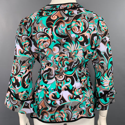 NANETTE LEPORE Size 10 Green Black Silk Abstract Wrap Around Blouse