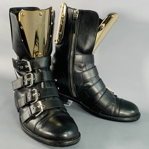 GIUSEPPE ZANOTTI Size 7 Black Gold Leather Metal Buckles Lace-Up Zipper Boots