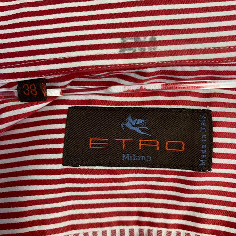 ETRO Size 38 Red White Stripe Cotton Spread Collar Long Sleeve Shirt