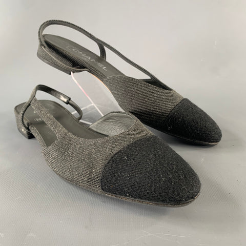 CHANEL Size 8.5 Charcoal Navy Wool Leather Trim Classic Flats