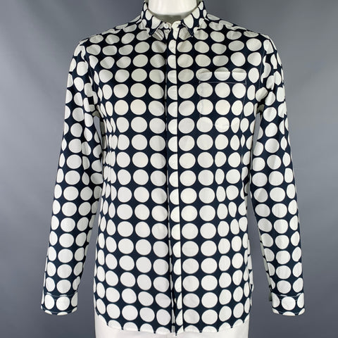 PIERRE BALMAIN Taille L Chemise à manches longues en coton blanc à pois bleu marine