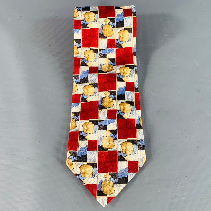 ERMENEGILDO ZEGNA Burgundy Blue Horses Chessboard Squares Silk Tie