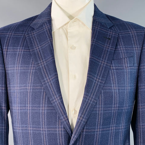 ARMANI COLLEZIONI Size 44 Navy Blue Brown Plaid Virgin Wool Notch Lapel Sport Coat