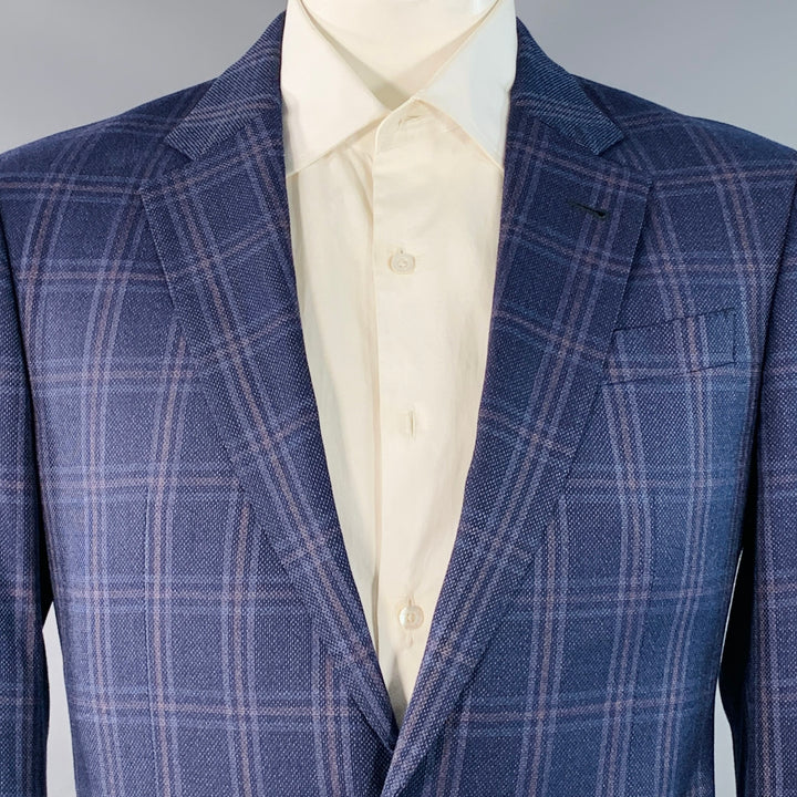 ARMANI COLLEZIONI Size 44 Navy Blue Brown Plaid Virgin Wool Notch Lapel Sport Coat