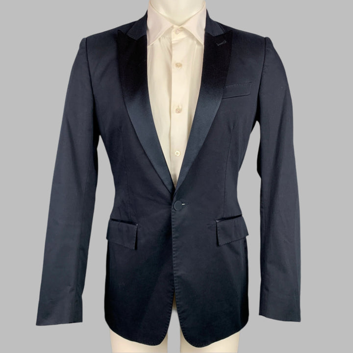 BURBERRY Size 36 Navy Cotton Blend Peak Lapel Tuxedo Sport Coat