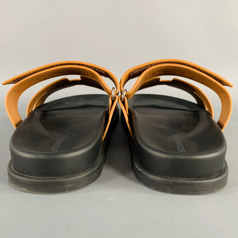 HERMES Size 8 Chypre Tan Black Leather Rubber Sole Sandals