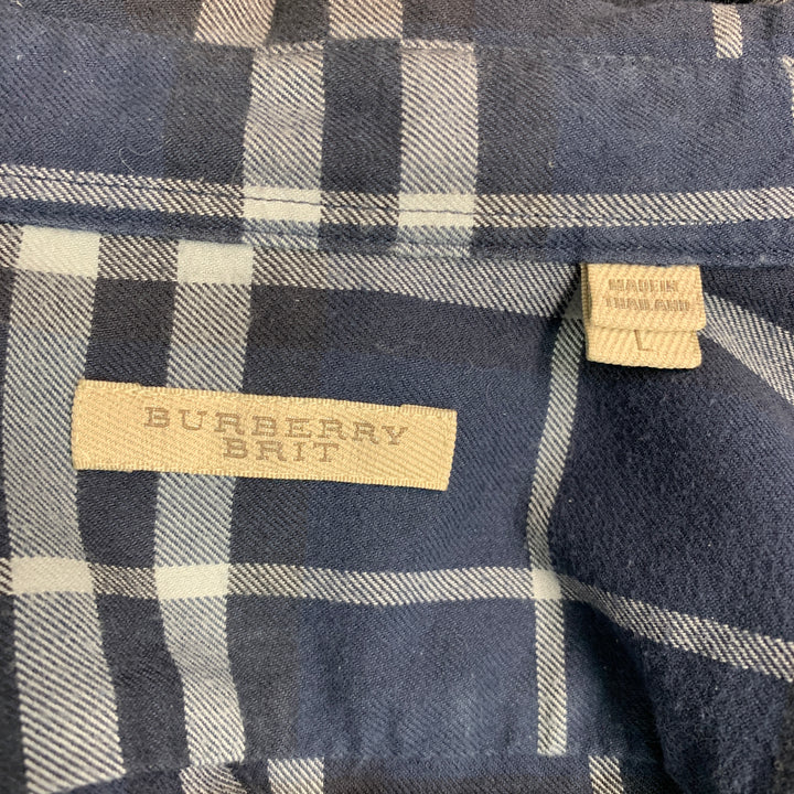 BURBERRY Size L Navy Grey Plaid Cotton Button Up Long Sleeve Shirt