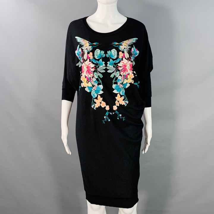 ALEXANDER MCQUEEN Size S Black Wool Jersey Embroidered Asymmetrical T-Shirt Dress
