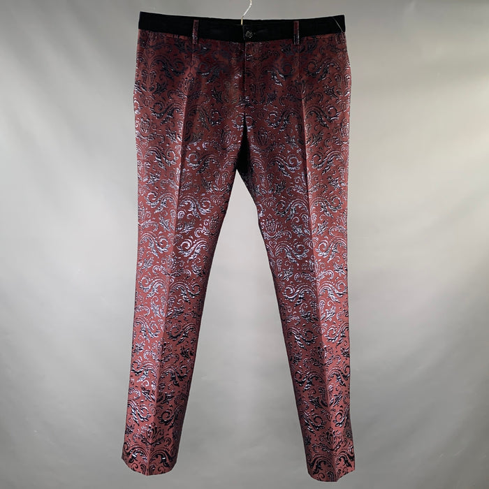 DOLCE & GABBANA Size 34 Burgundy Black Brocade Polyester / Silk Dress Pants