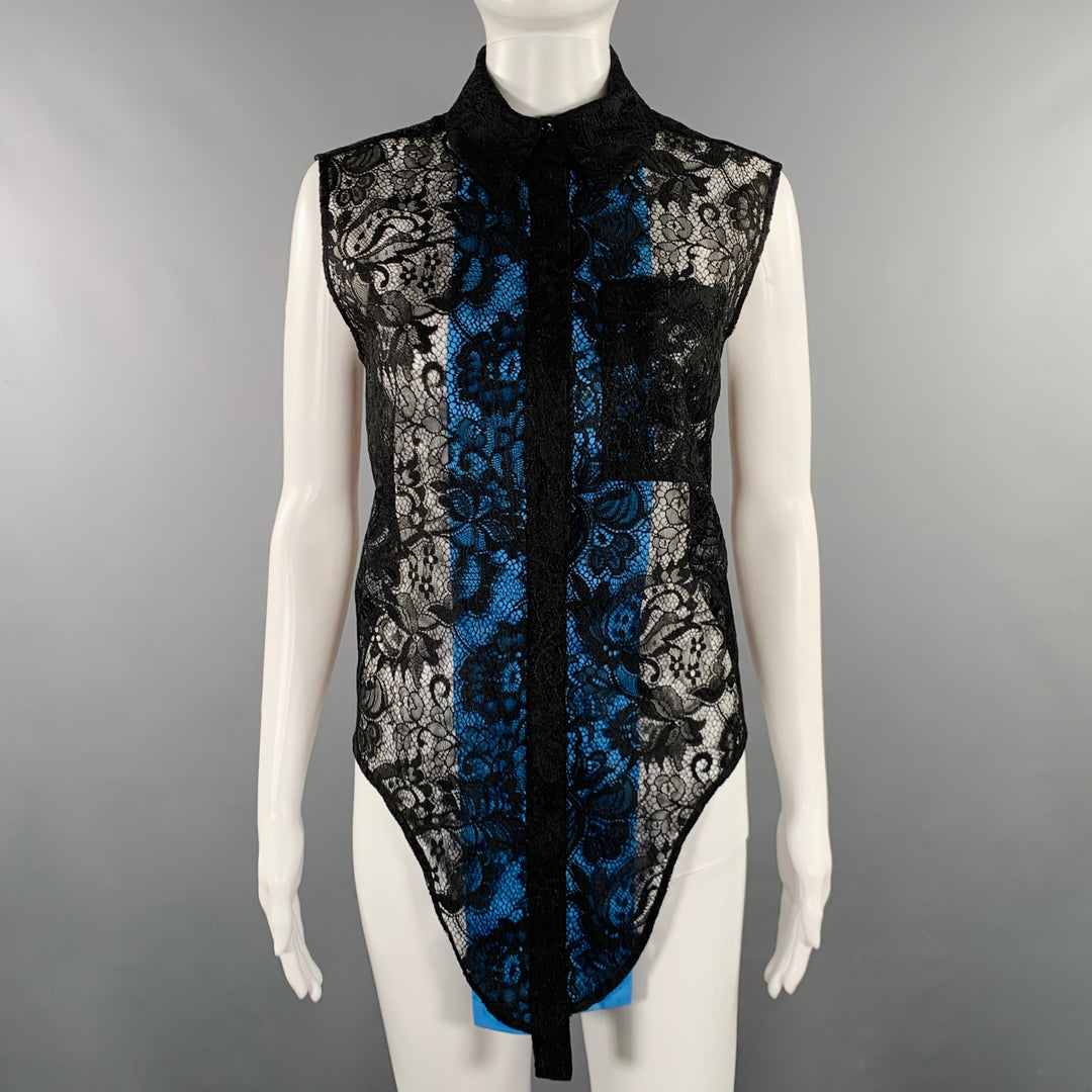 BALENCIAGA Size S Black Blue Polyester Blend Lace Sleeveless Shirt