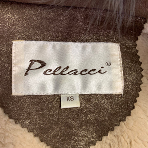 PELLACCI Size XS Brown Cream Leather Fur Trim Snaps Coat