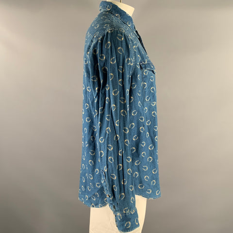 RRL by RALPH LAUREN Size XL Blue Cream Horseshoe Print Cotton Linen Overshirt