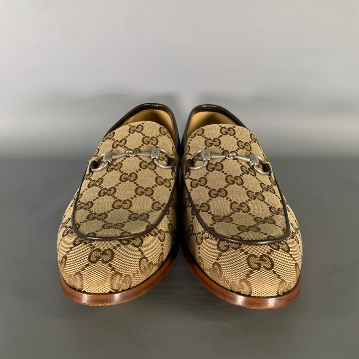 GUCCI Size 10.5 Brown Tan Monogram Canvas Loafers