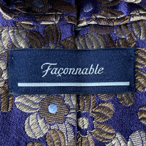 FACONNABLE Navy Khaki Floral Jacquard Silk Tie
