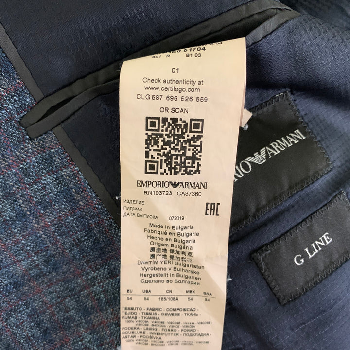 EMPORIO ARMANI Chest Size 44 Blue Red Plaid Viscose Notch Lapel Sport Coat