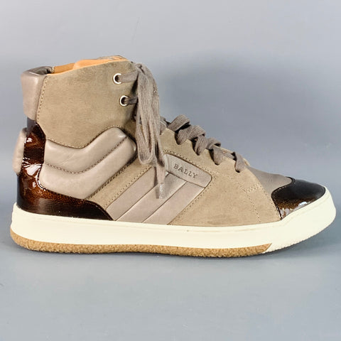 BALLY Size 8.5 Brown Taupe Color Block Leather High Top Sneakers