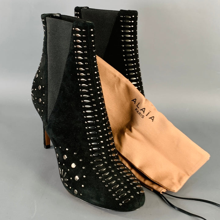 ALAIA Size 7.5 Black Studded Suede Pull On Stiletto Booties
