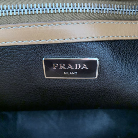 PRADA Tan Cream Color Block Leather Overnight Bags