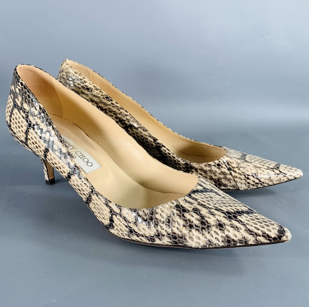 JIMMY CHOO Size 11 Grey Cream Python Skin Kitten Heel Pumps