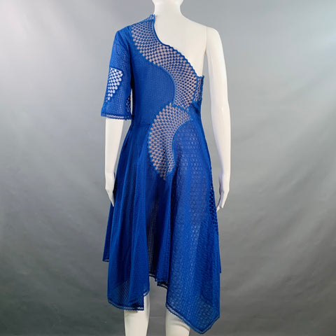 STELLA McCARTNEY Size 2 Royal Blue Nude Lace One Sleeve Asymmetrical Midi Cocktail Dress
