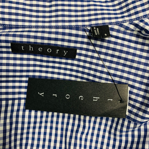 THEORY Size S Navy White Checkered Cotton Button Up Long Sleeve Shirt