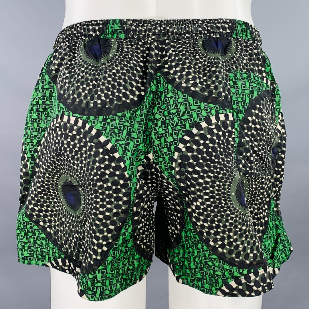 BURBERRY PRORSUM Size S Green Black Abstract Drawstring Swim Trunks