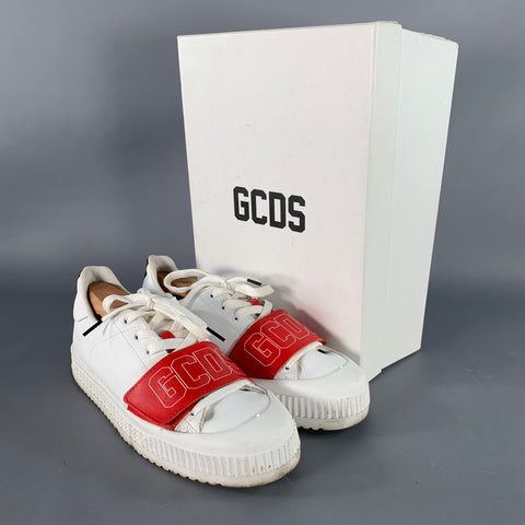 GCDS Size 9 White Red Black Leather Logo Low Top Platform Sneakers