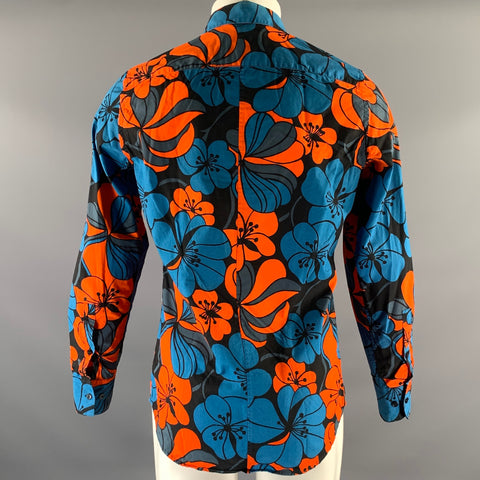 MARNI Size S Blue Black Orange Floral Cotton Pointed Collar Long Sleeve Shirt