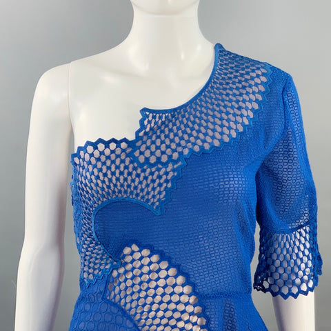 STELLA McCARTNEY Size 2 Royal Blue Nude Lace One Sleeve Asymmetrical Midi Cocktail Dress
