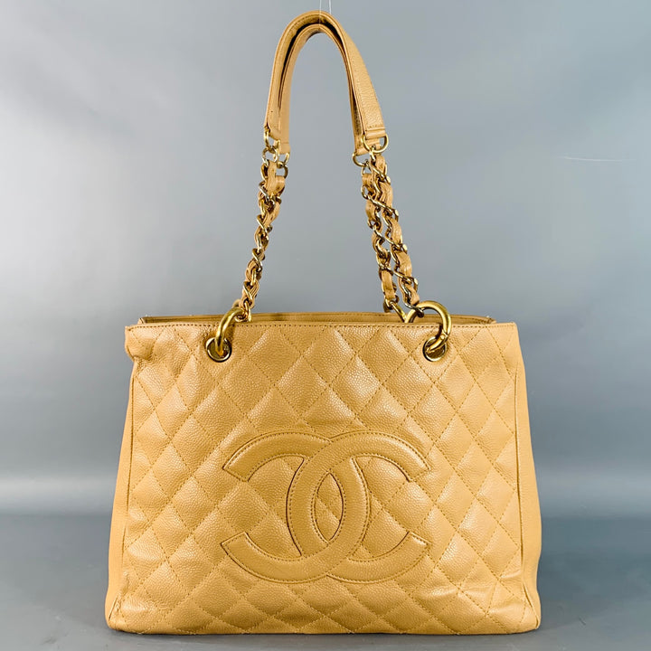 CHANEL Vintage GST Caviar Grand Shopping Tote Beige Gold Quilted Leather Handbag