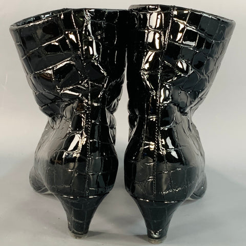 KHAITE Size 9.5 Black Alligator Patent Leather Kitten Heel Ankle Boots