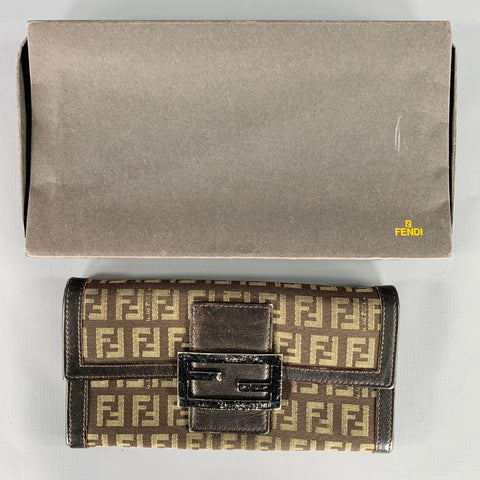 FENDI 2009 Foglio Forever Brown Yellow Monogram Fabric Leather Wallet