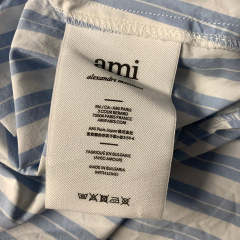 AMI Size L White Blue Stripe Cotton Button Up Short Sleeve Shirt