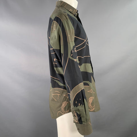 VALENTINO Size M Green Black Panther Print Cotton Button Up Long Sleeve Shirt