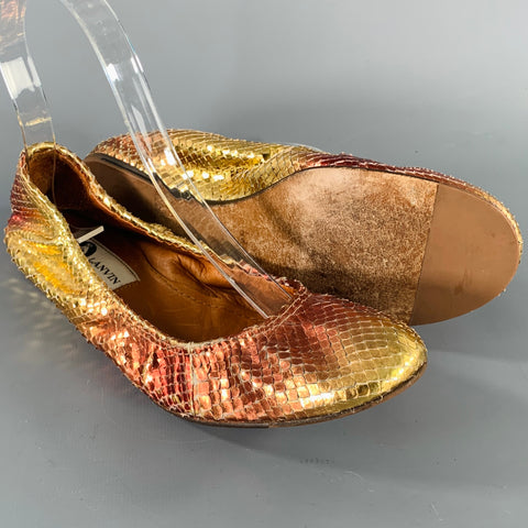 LANVIN Size 6.5 Gold Pink Snake Skin Ballet Flats
