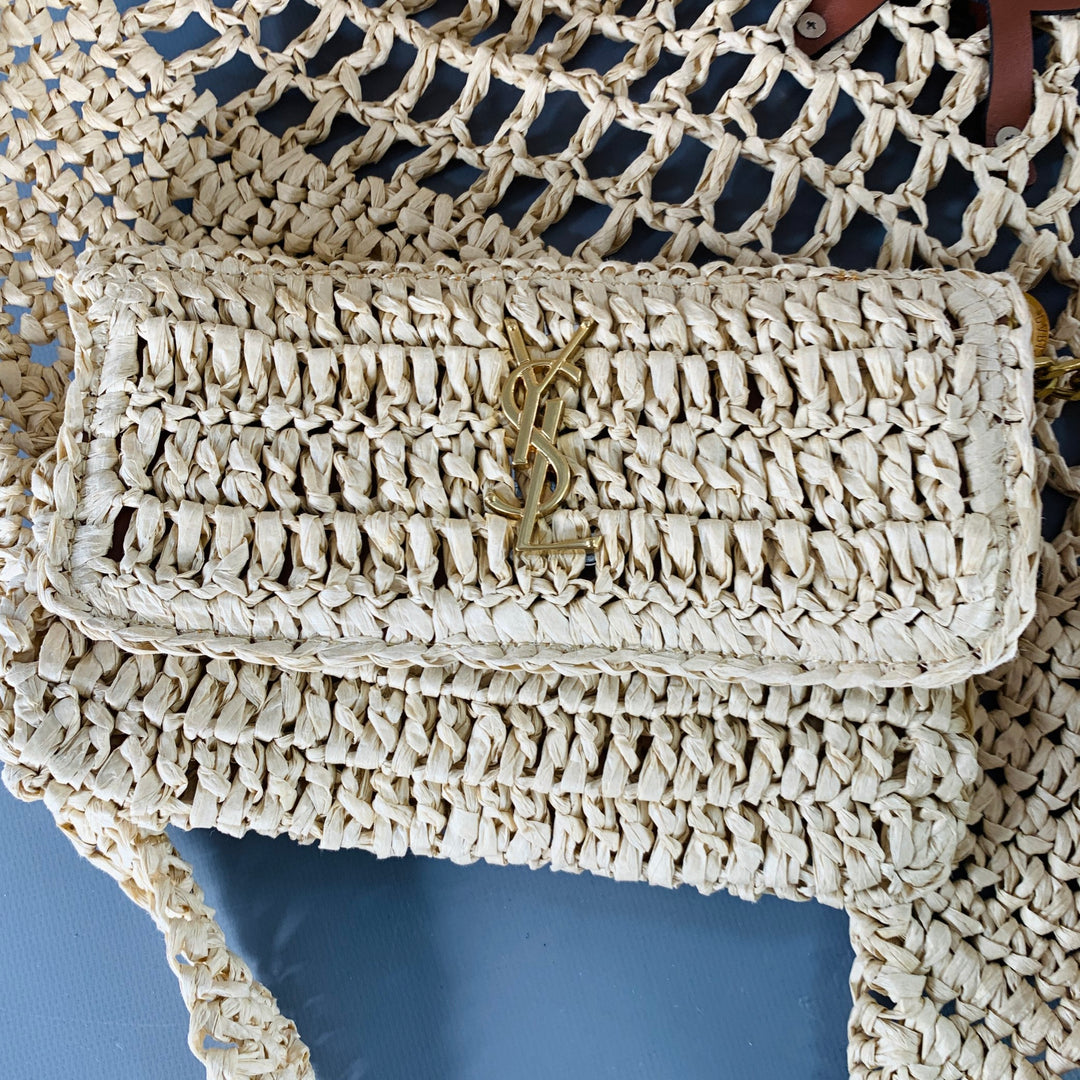 YVES SAINT LAURENT Icare Maxi Gold Natural Crochet Raffia Logo Tote Handbag